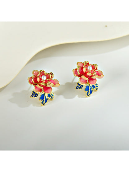 Earedge - Red Peony Floral Stud Earrings