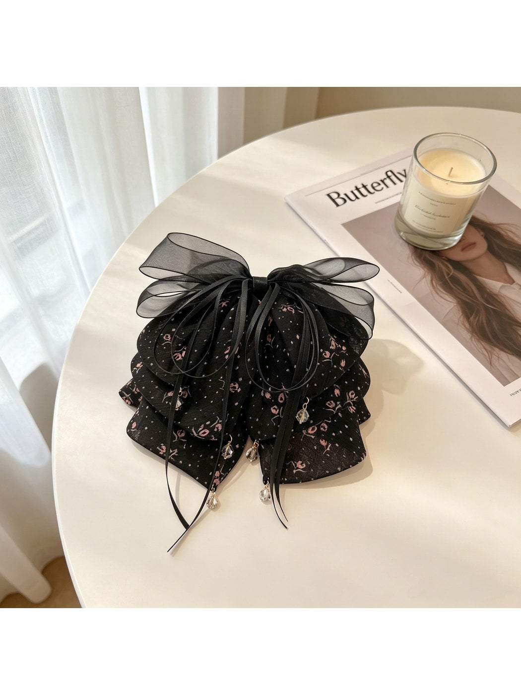 Beau - Layered Bow Floral Pattern Ponytail Claw Clip