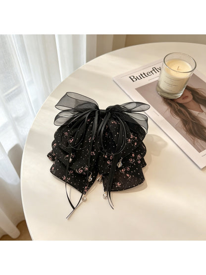 Beau - Layered Bow Floral Pattern Ponytail Claw Clip