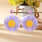 Top view of the sunflower earrings highlighting the detailed raffia weaving