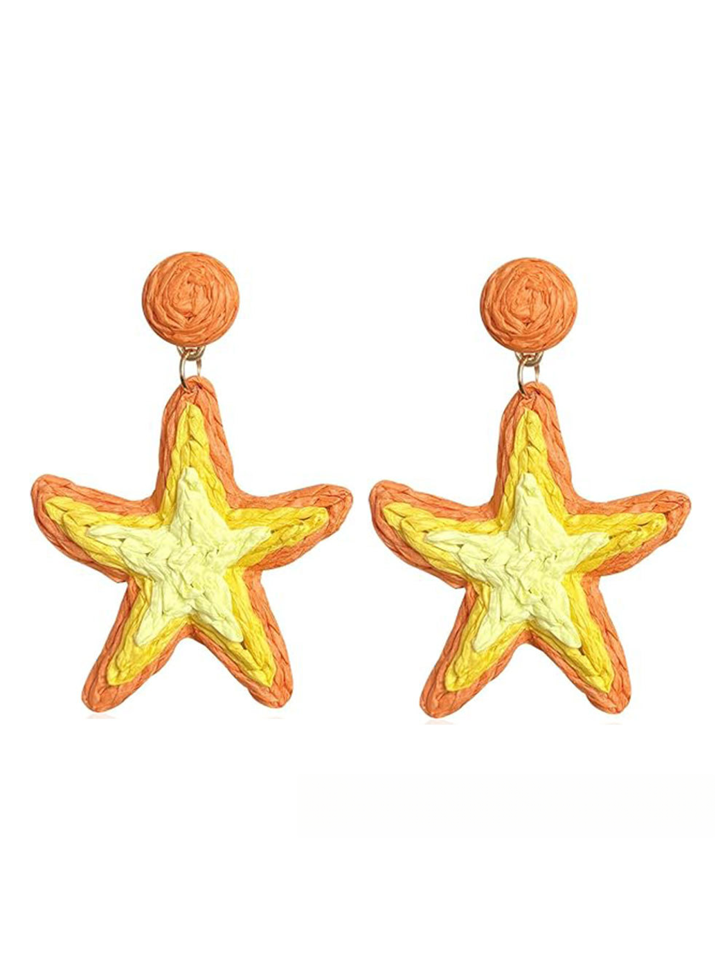 Earedge Starfish Raffia Woven Stud Earrings resting on a wooden surface