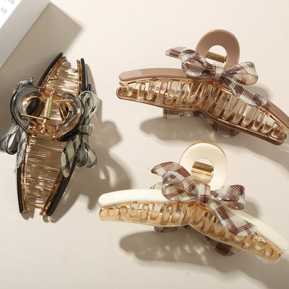 Beau - Plaid Bow Accent Acetate Hair Claw Clip