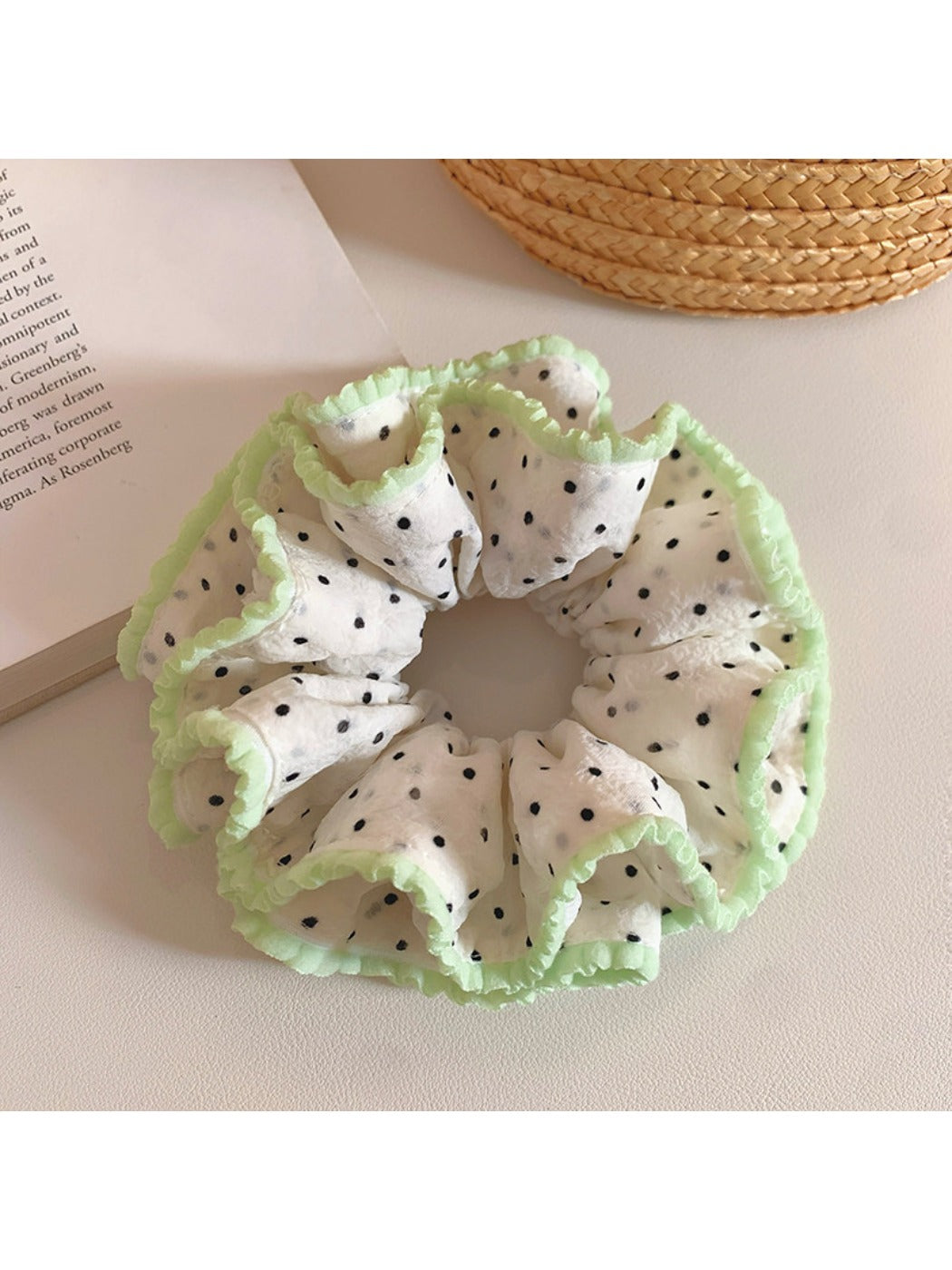 Gifty Sweet Polka Dot Ruffled Scrunchie shown from a side angle