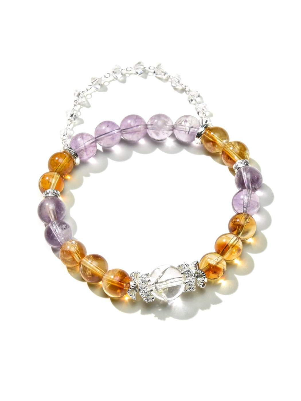 Lovra bracelet featuring alternating yellow and purple crystals displayed flat