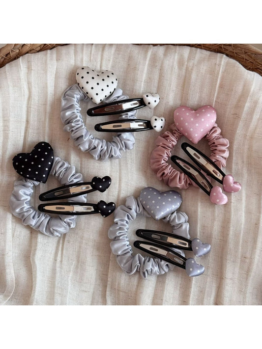Beau - Polka Dot Heart Satin Finish Fabric Scrunchie