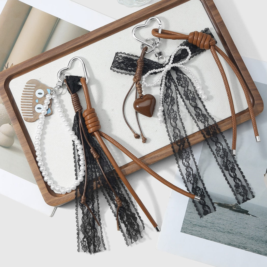 Keypus - Retro Beaded Lace Bow Heart Keychain