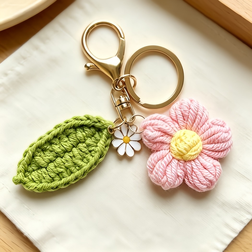 Keypus - Cute Yarn Flower and Leaf Keychain