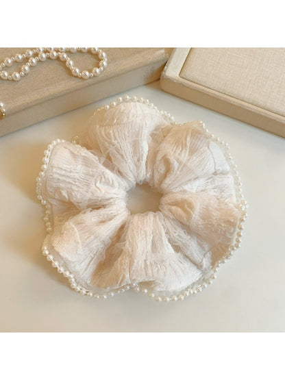 Soft sweet beige ruffle scrunchie with layered fabric design