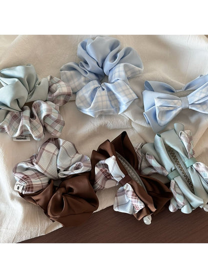 Gifty - Pleated Bow Checked Patchwork Fabric Scrunchie