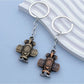 Airplane keychain hanging from a set of keys on a wooden surface