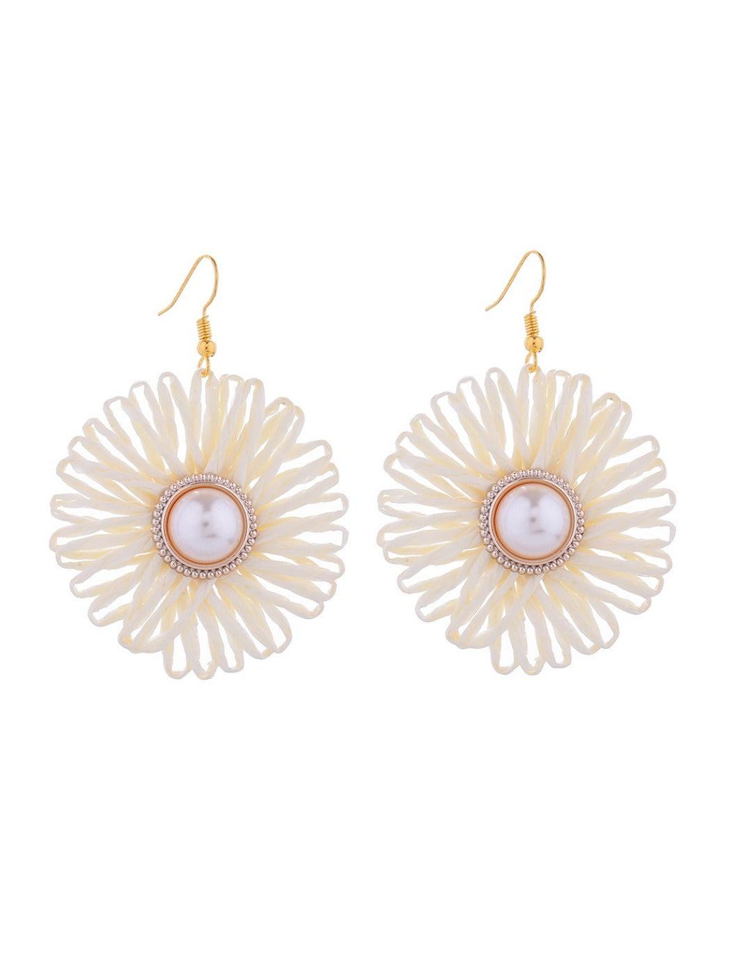 Side view of Earedge raffia woven flower-shaped earring showing texture and weave