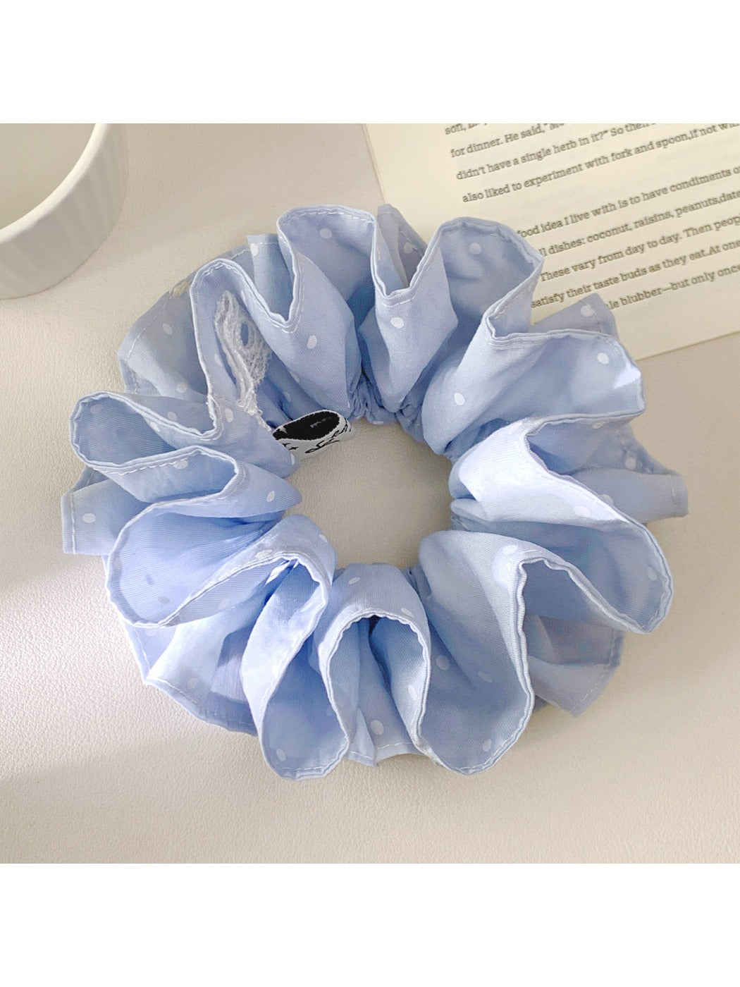 Blue double layer scrunchie displayed flat with visible layers