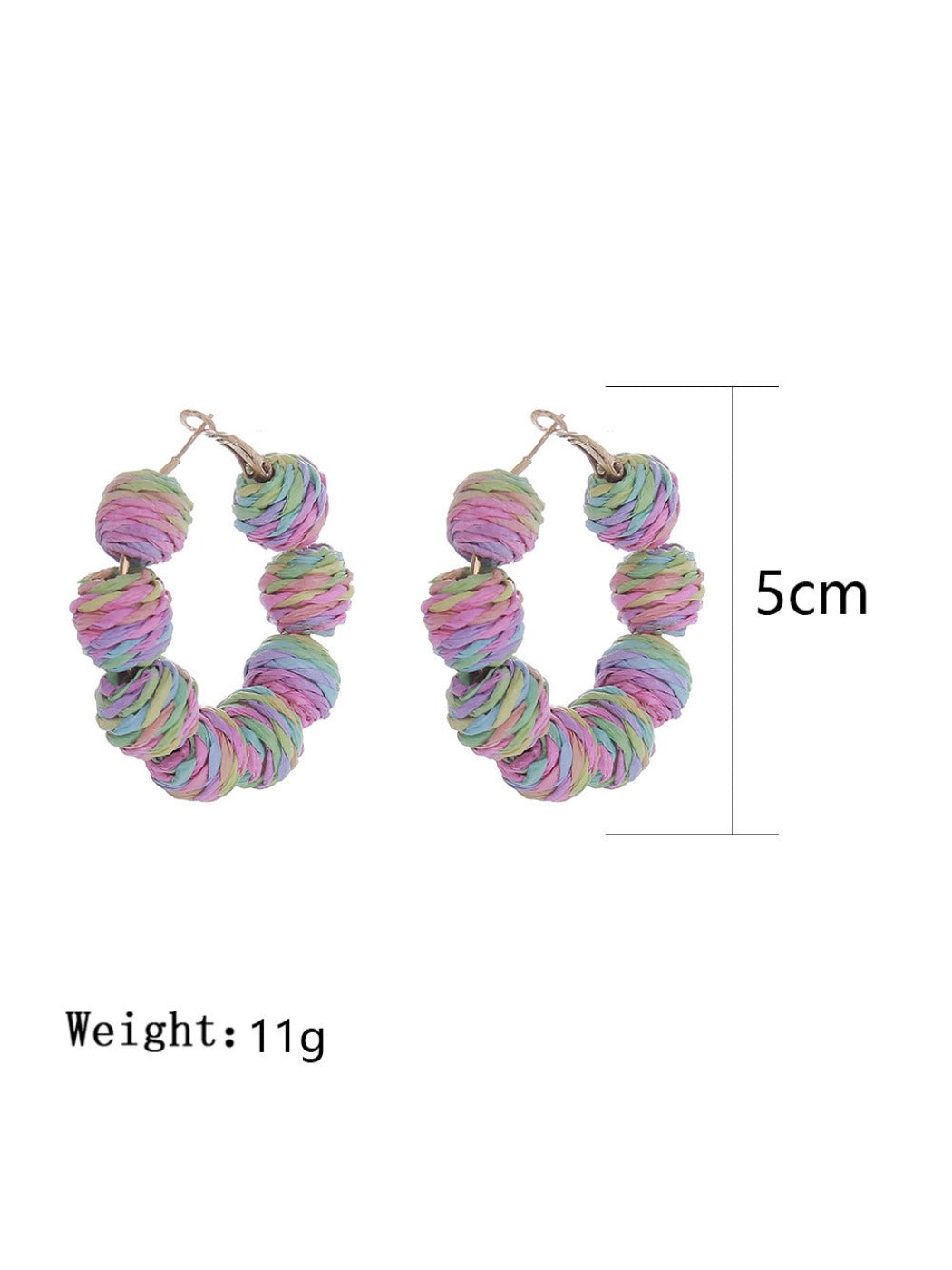 Earedge vintage raffia round ball drop earrings displayed hanging on a stand