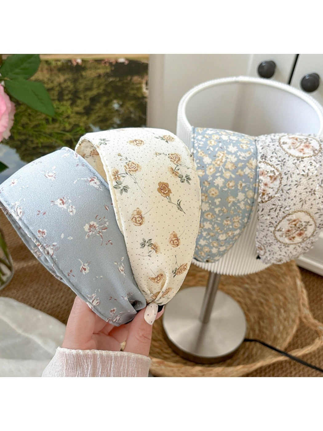 Sweet countryside style headband with floral pattern on a white background