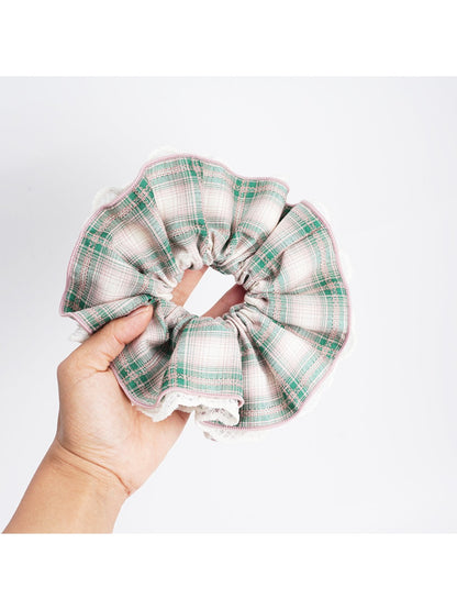 Gifty - Four-Layer Plaid Lace Trim Scrunchie