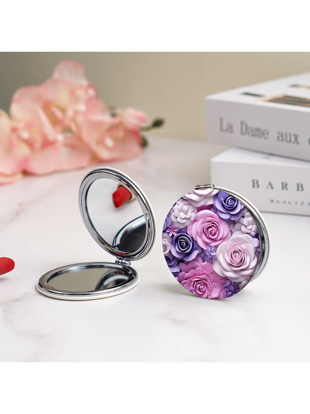 Mirroray - Round Floral Print Portable Folding Makeup Mirror
