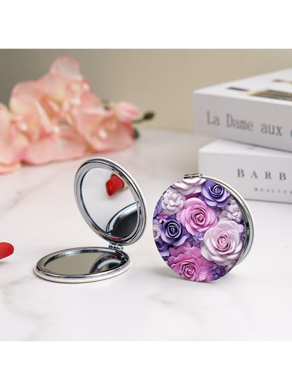 Mirroray - Round Floral Print Portable Folding Makeup Mirror