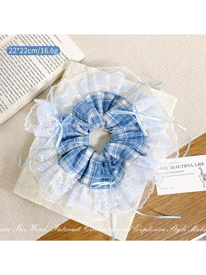 Gifty - Blue Plaid Lace Trim Bow Hair Tie