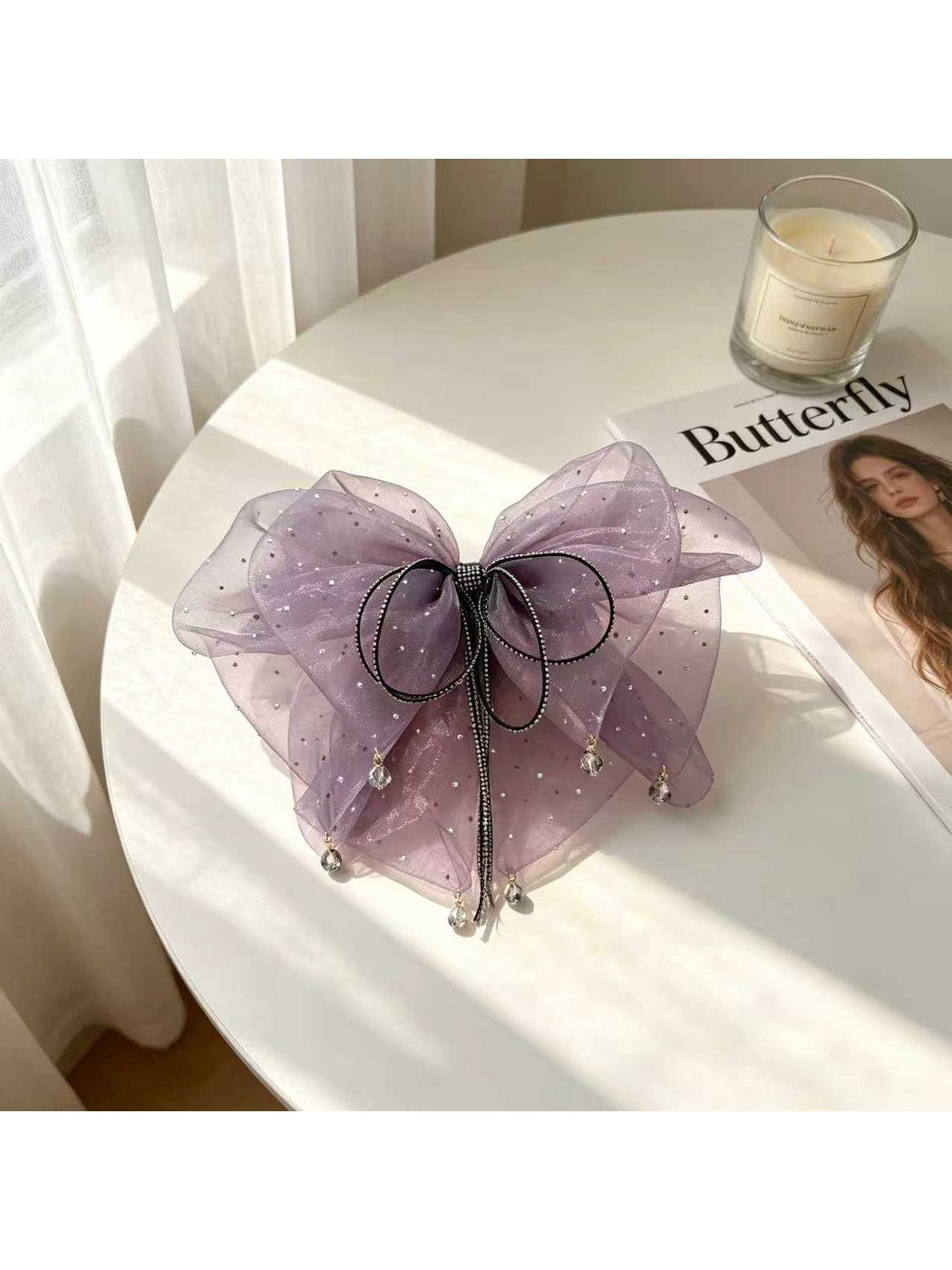 Beau - Glitter Mesh Bow Ribbon Tassel Claw Clip