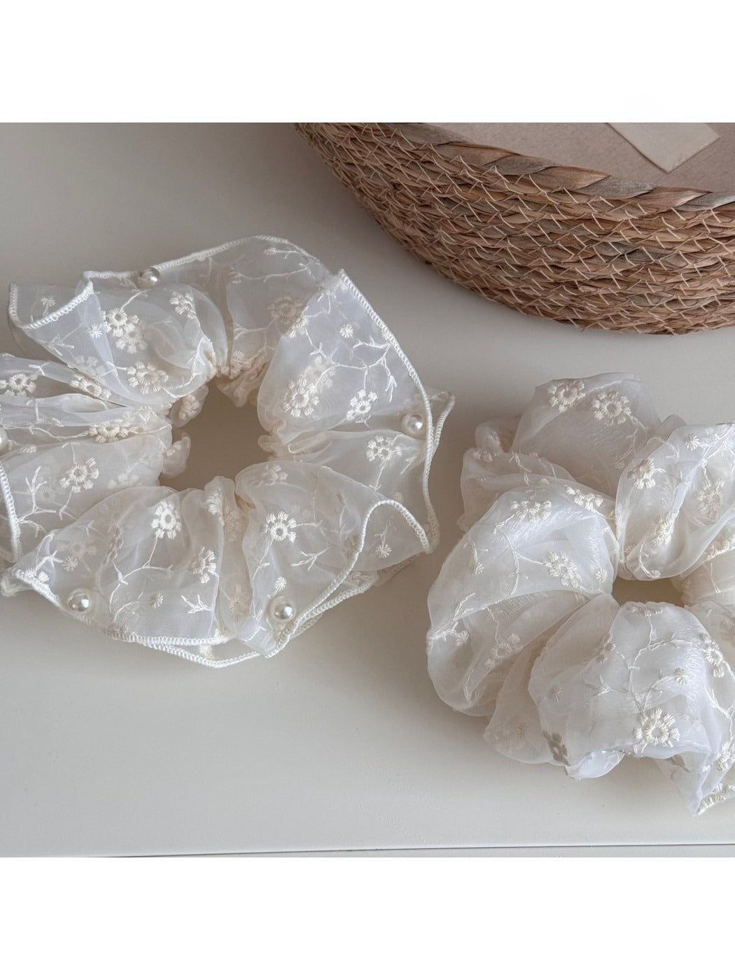 Gifty - Sheer Floral Beaded Ruffle Detail Scrunchie