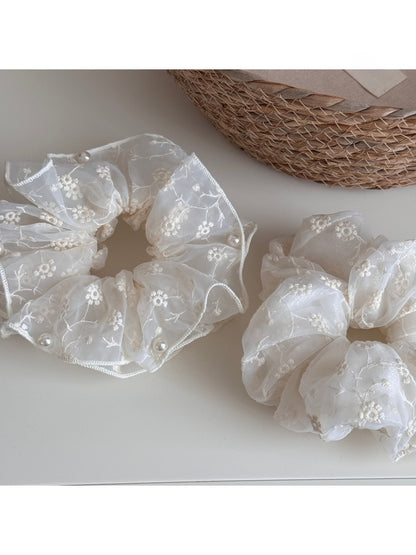 Gifty - Sheer Floral Beaded Ruffle Detail Scrunchie