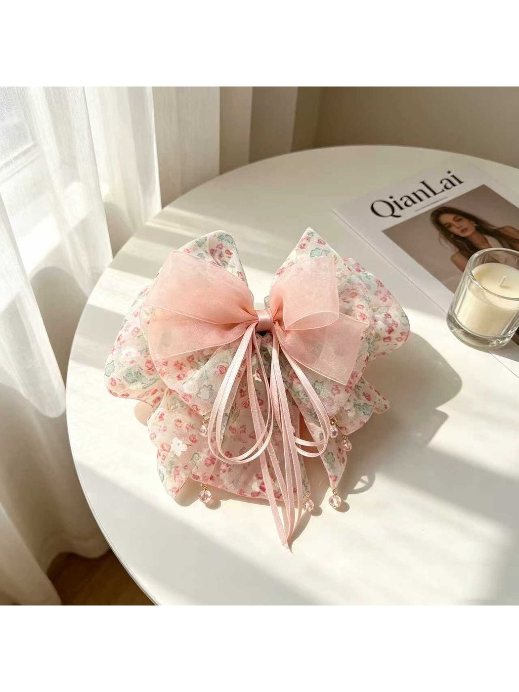 Beau - Floral Bow Ruffle Fabric Surface Claw Clip