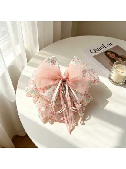Beau - Floral Bow Ruffle Fabric Surface Claw Clip