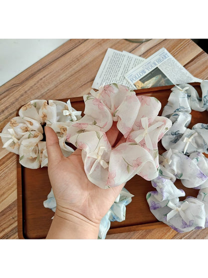 Gifty - Floral Bow Polyester Fabric Flower Scrunchie