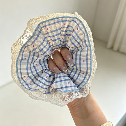 Gifty - Blue Plaid Lace Trim Polyester Scrunchie