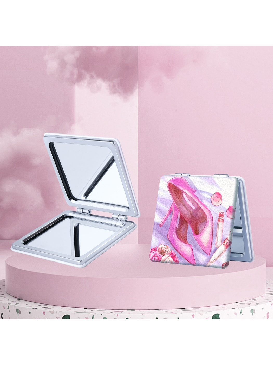 Mirroray - Cartoon Print Folding PU Glass Makeup Mirror