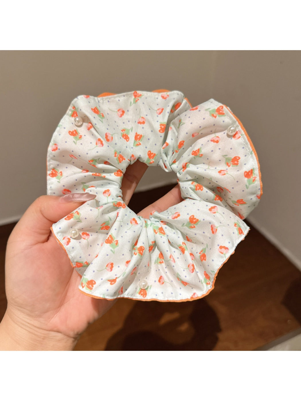 Gifty - Orange Floral Scrunchie Women Large Hair Tie