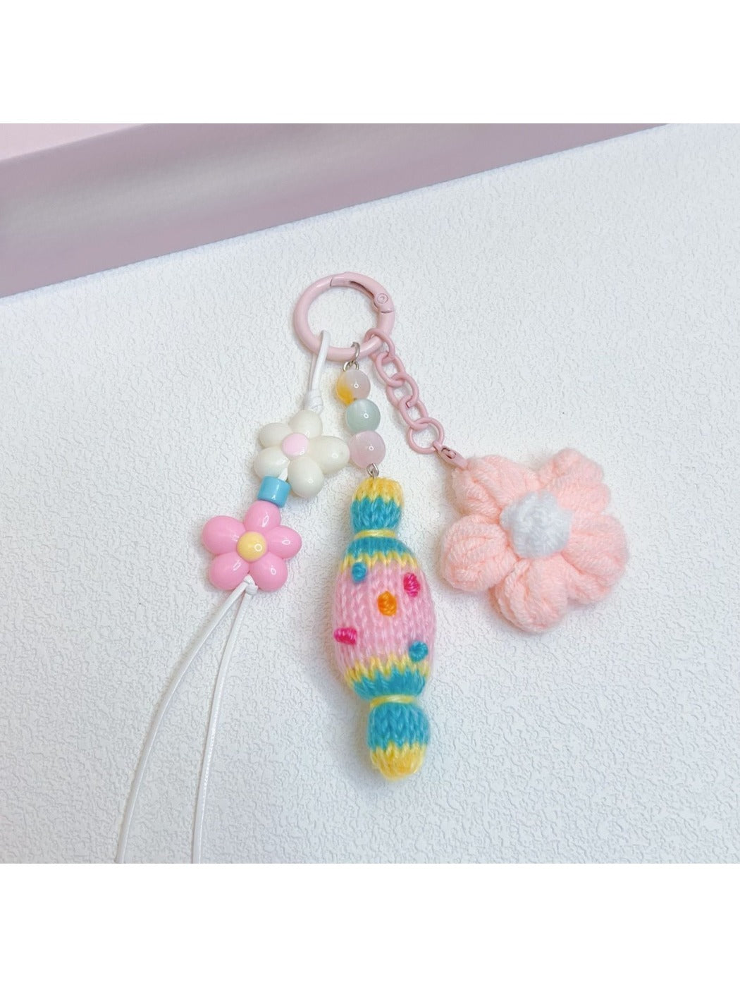 Multiple crochet candy keychains in different colors displayed together