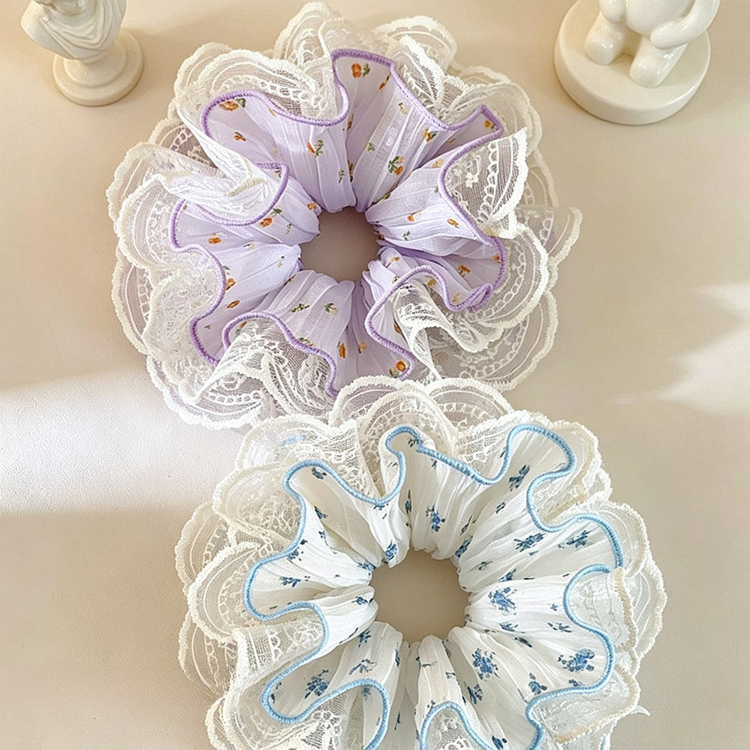 Gifty - Ruffled Openwork Flower Print Lace Scrunchie