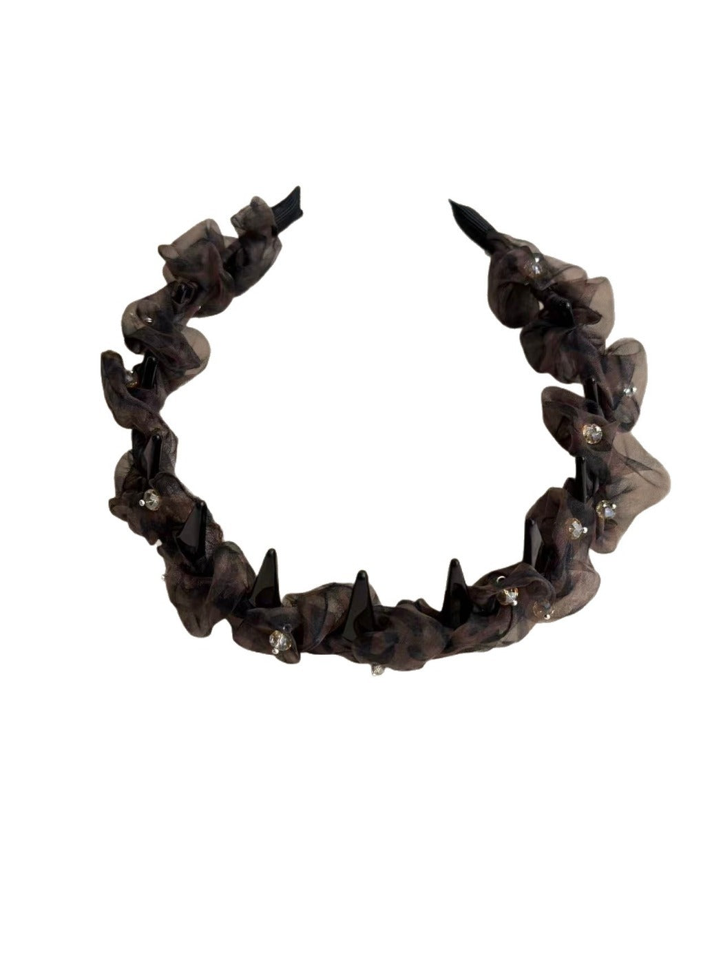 Side view of leopard print tulle headband showing bow and band