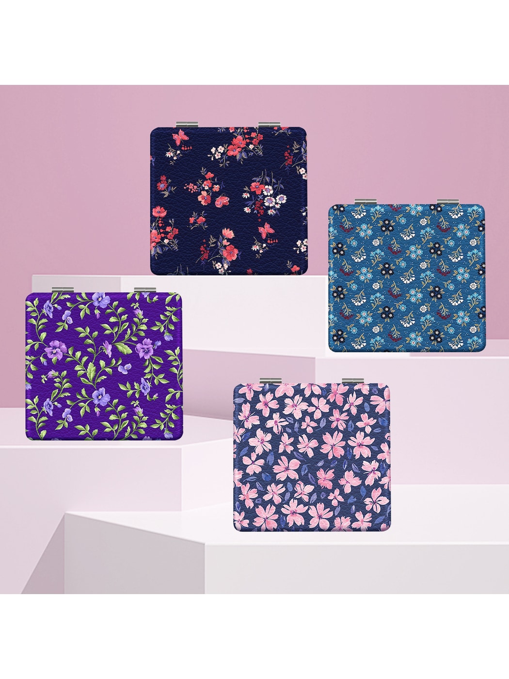 Mirroray - Floral Print PU Cover Folding Makeup Mirror