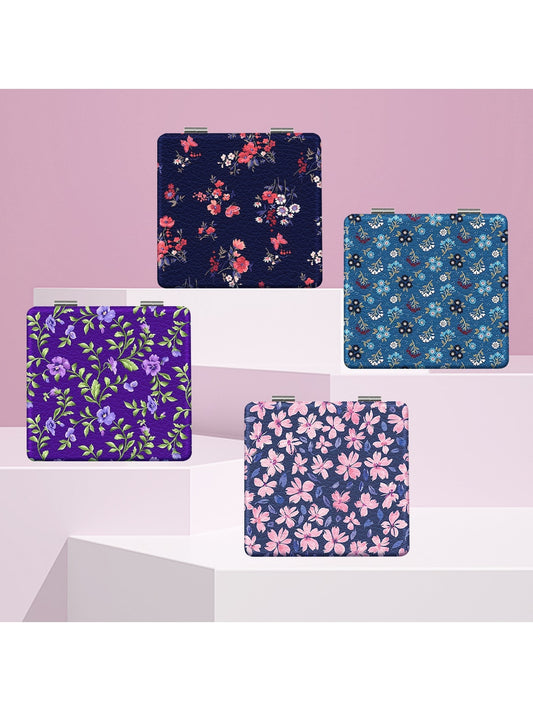Mirroray - Floral Print PU Cover Folding Makeup Mirror