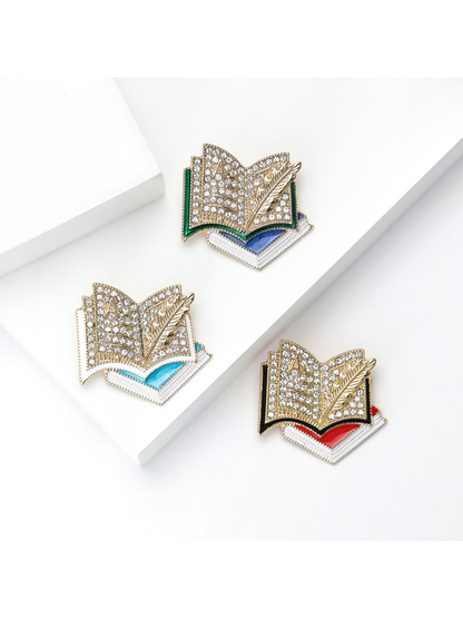 Brovia - Book Shape Enamel Rhinestone Fashion Brooch