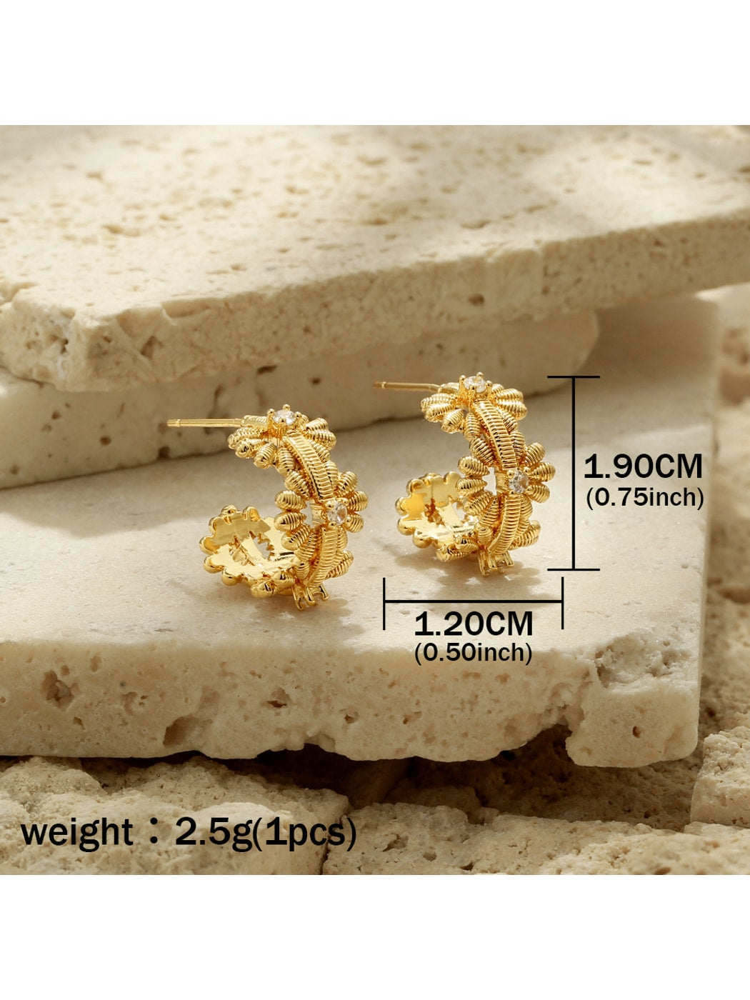 Earedge - Gold Tone Floral Openwork Textured Earrings