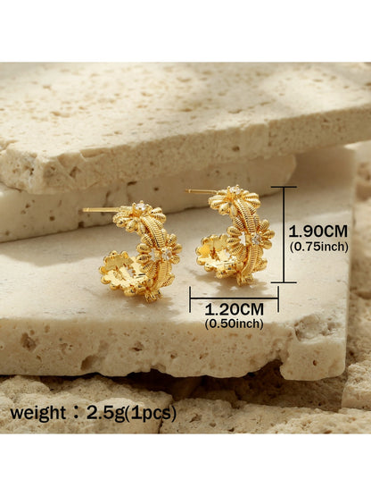 Earedge - Gold Tone Floral Openwork Textured Earrings