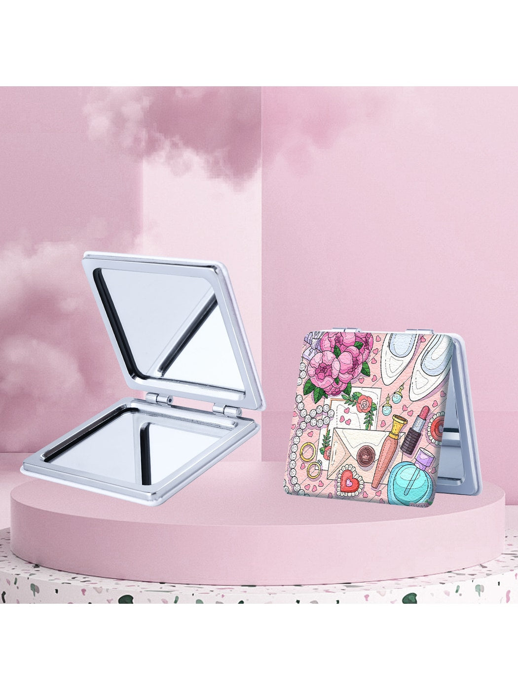 Mirroray - Cartoon Print Foldable PU Glass Compact Mirror
