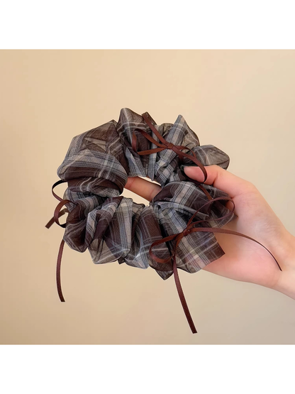 Gifty - Vintage Plaid Bow Ruffled Fabric Scrunchie