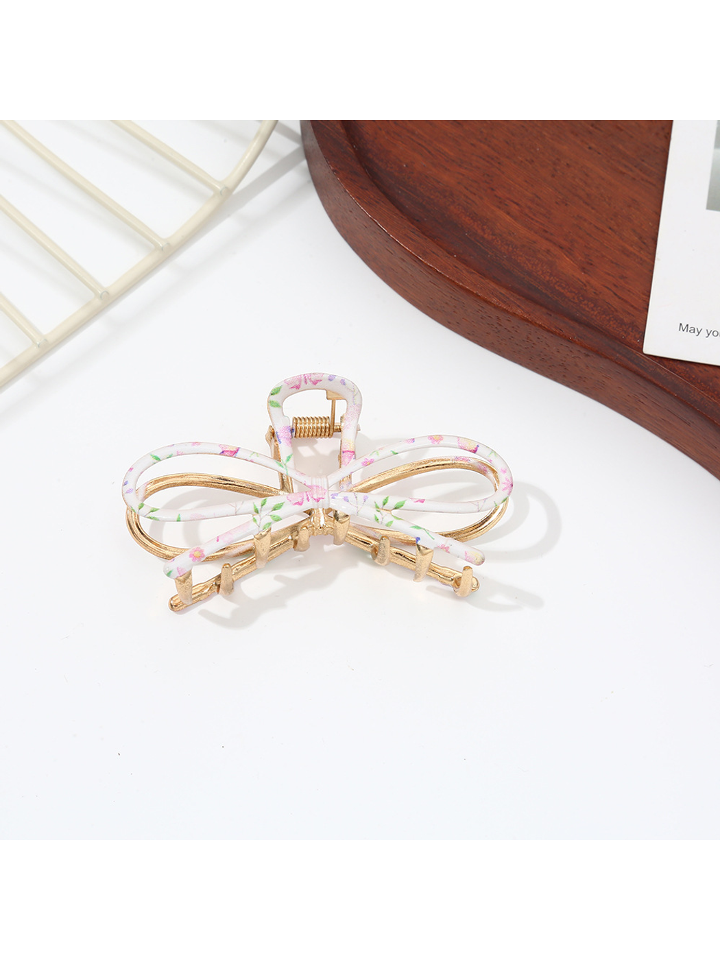Beau - Floral Print Bow Shape Alloy Claw Clip