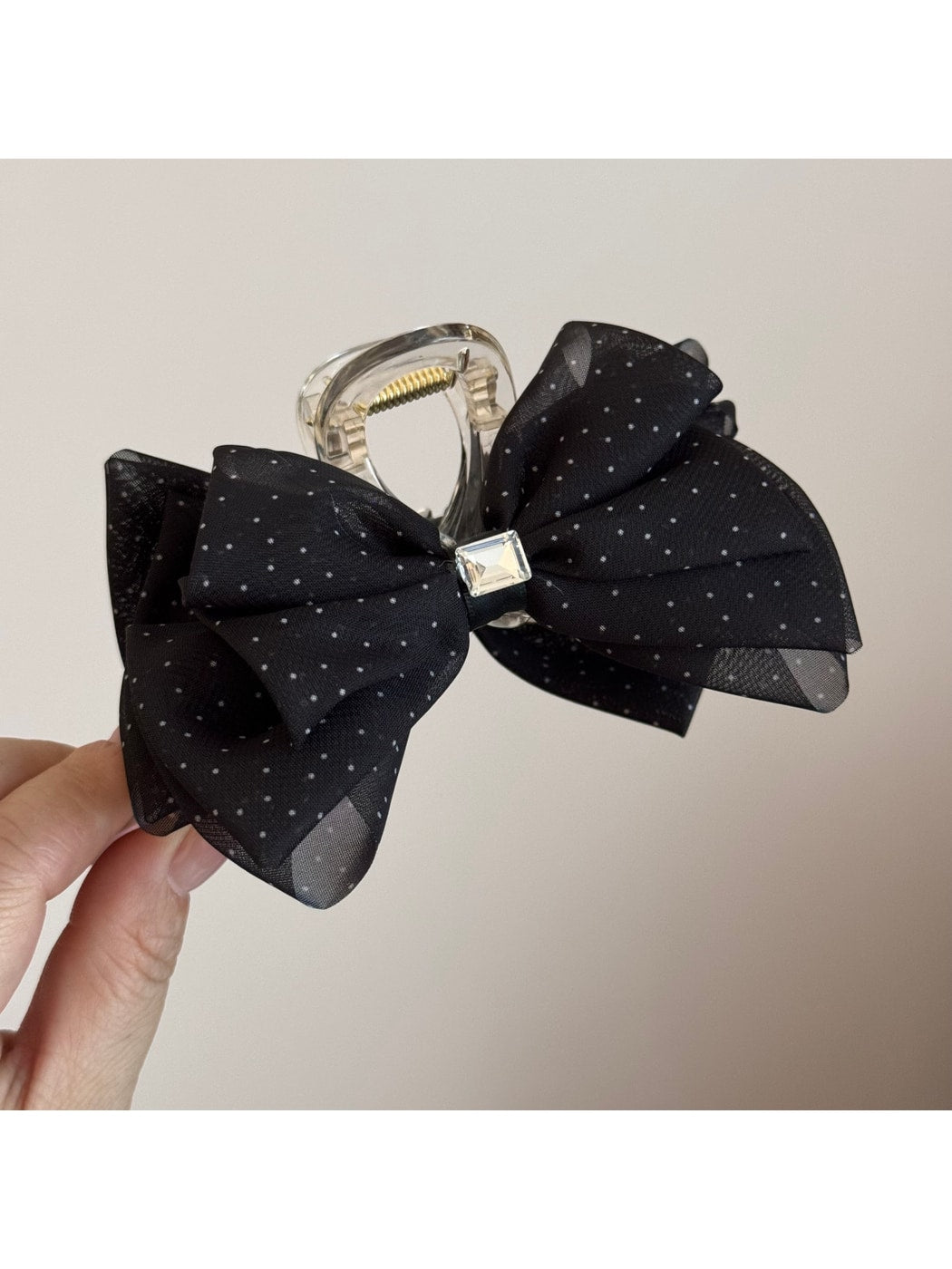 Beau - Polka Dot Ribbon Bow Detail Hair Claw Clip