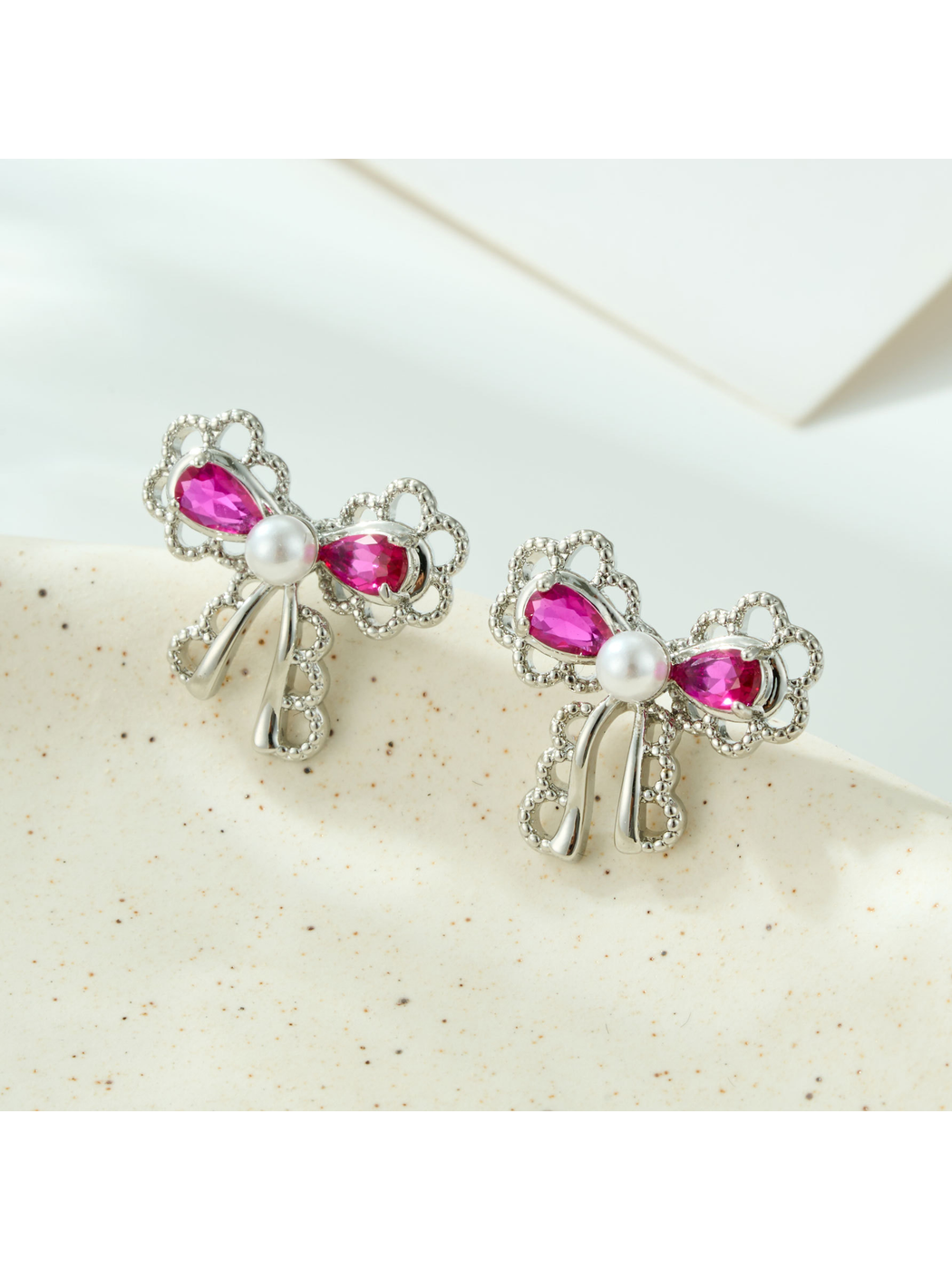 Earedge - Bow Detail Double Teardrop Alloy Stud Earrings