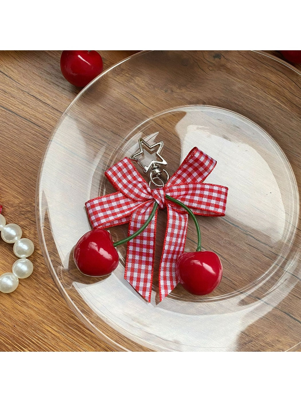 Keypus - Cherry Bow Bag Charm Keychain with Lace Detail