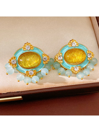 Earedge - Retro Oval Resin Rhinestone Stud Earrings