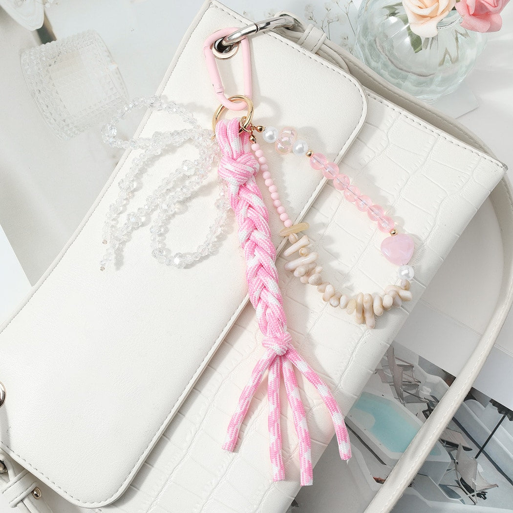 Keypus - Pink Beaded Bow Woven Cord Keychain