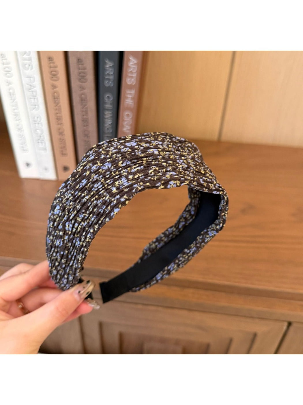 Wide vintage print headband styled with loose hair on female model