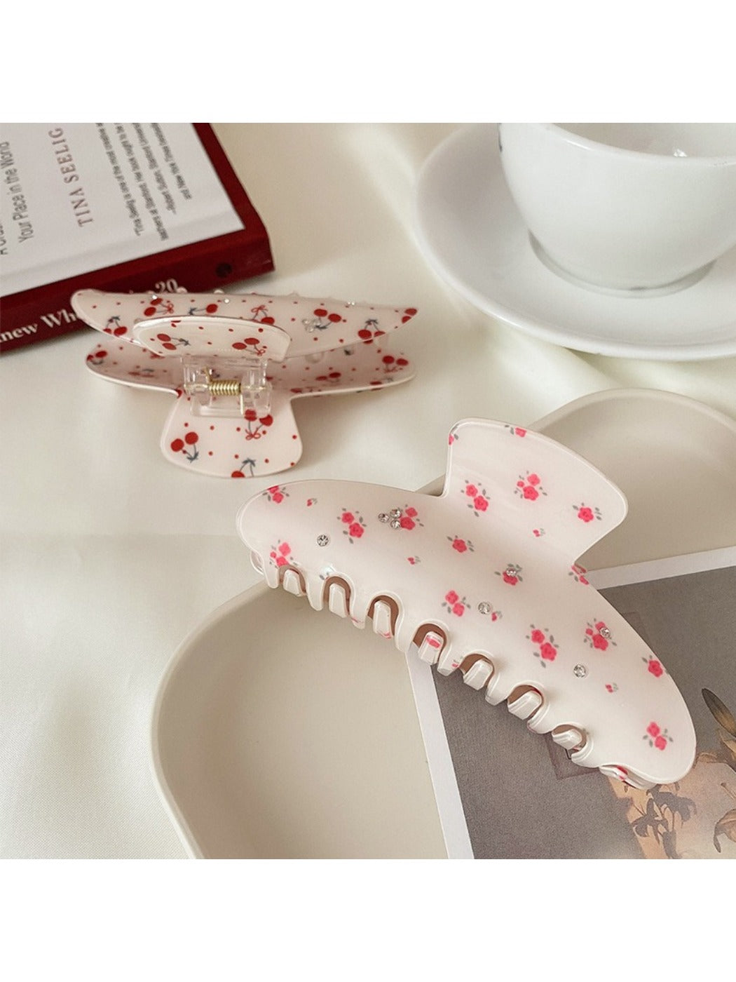 Side view of Beau half moon hair claw clip highlighting clip mechanism and print