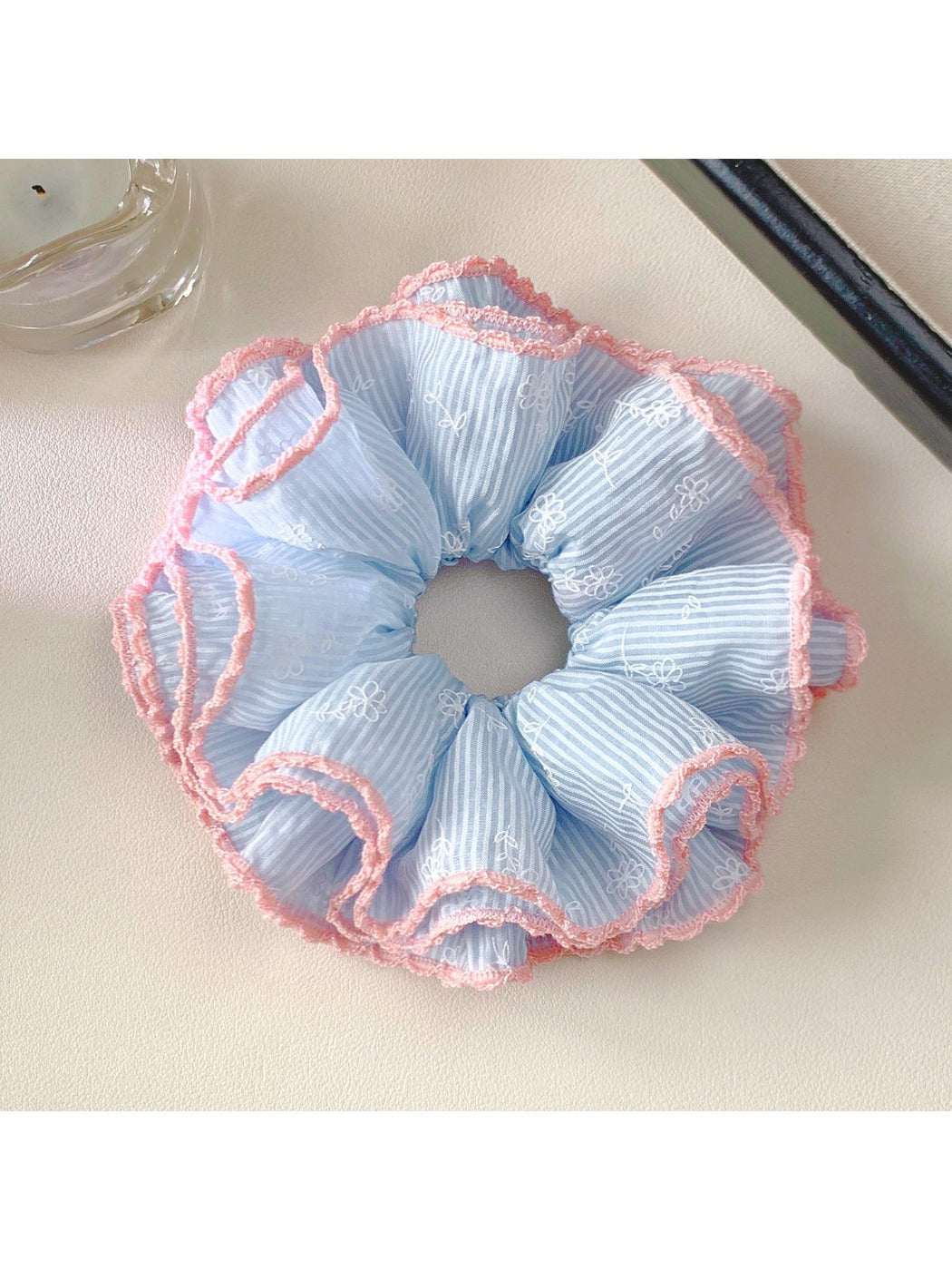 Gifty Sweet Striped Four Layer Scrunchie styled in hair showing its volume and layered stripes